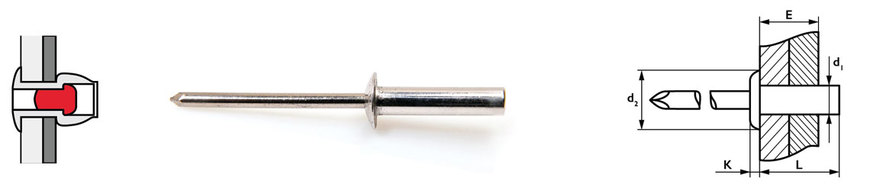 Размеры глухой алюминиевой вытяжной заклёпки со стандартным буртом